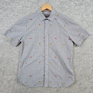 Johnston & Murphy Men's Gray Mini-Check Shirt Size S Pirate Theme Short‎ Sleeve